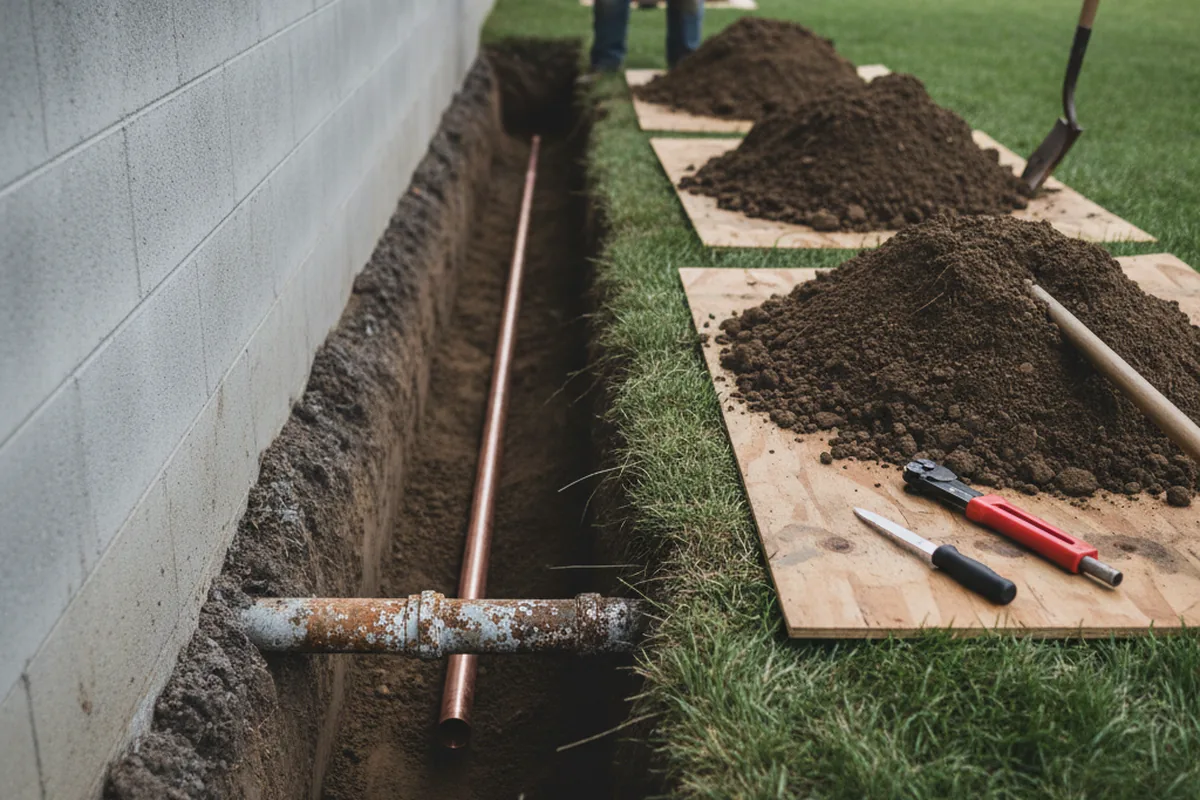 Excavated water line trench during Water Softener Installation in Montague